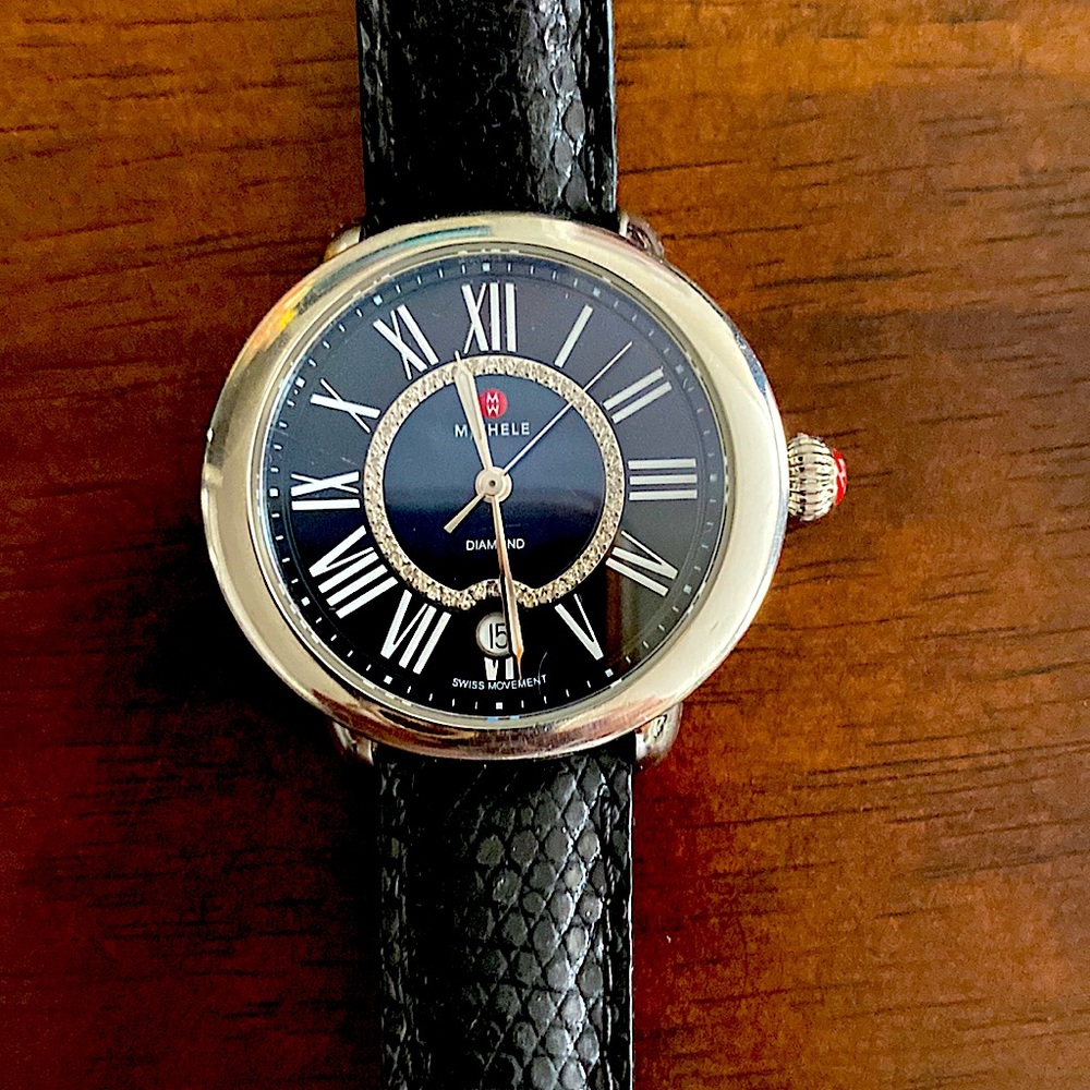 Michele watch with diamonds around the numbers. Classic and beautiful